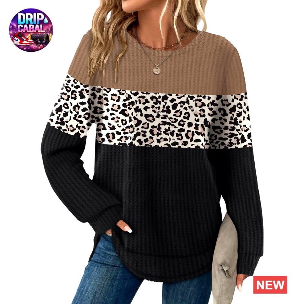 Waffle Knit Tunic Top Long Sleeve Crewneck Curved Hem Loose Fit Chic